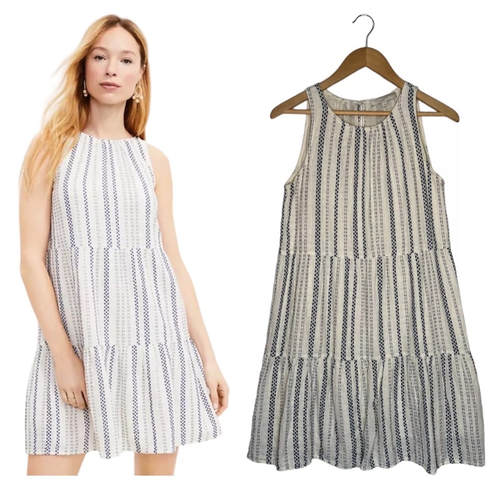LOFT Gray and White Ruffled Tiered Sundress